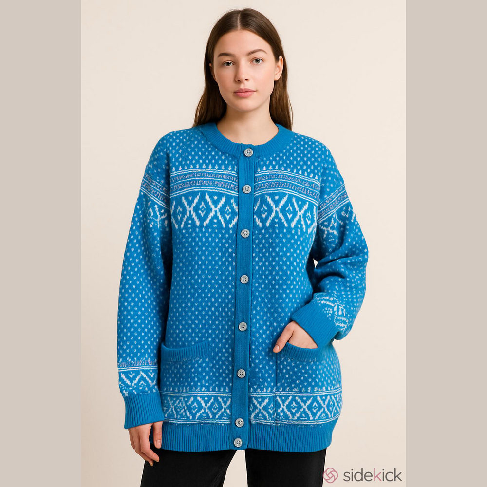 Vintage Handmade Blue Fair Isle Button-Up Cardigan Sweater Oversized